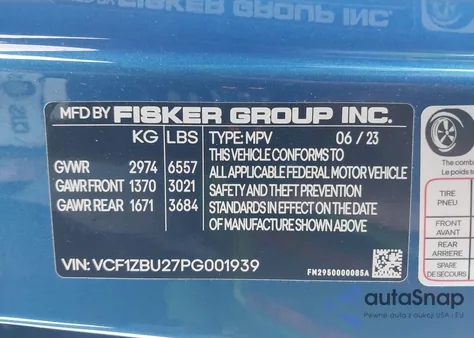 2023 Fisker Ocean One z USA, uszkodzony, nr VIN VCF1ZBU27PG001939